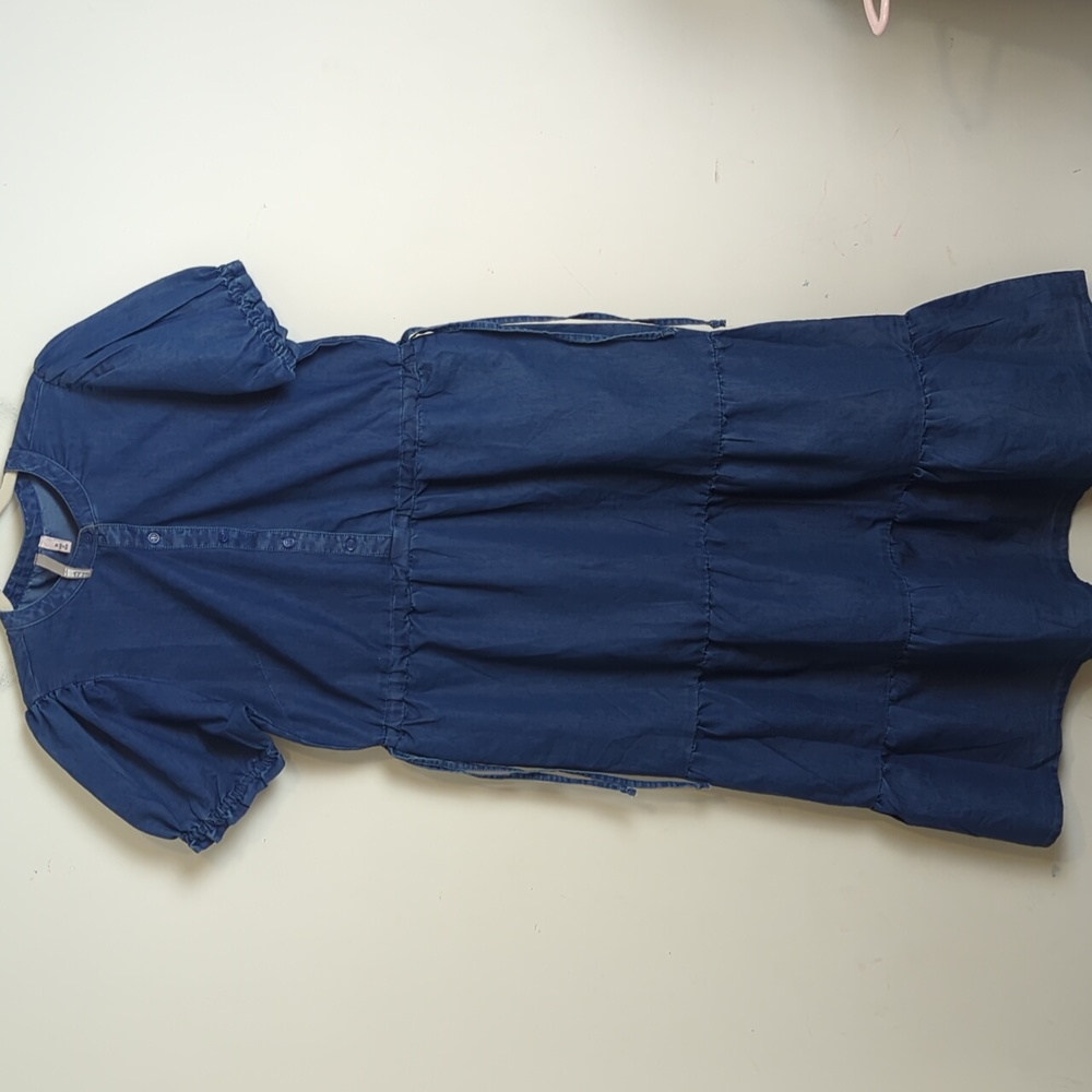Cottagecore Denim Tiered Maxi Dress Drawing Tie Waist Women's Medium - Picture 10 of 11